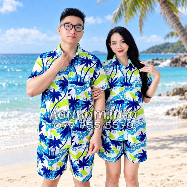 Bộ Áo Quần Nhóm Đi Biển Họa Tiết Cây Dừa Trắng Tropical
