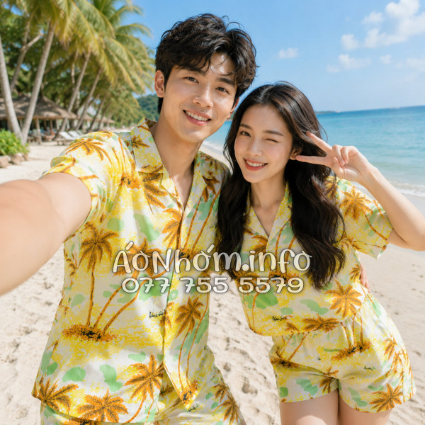 Bộ Áo Quần Nhóm Đi Biển Họa Tiết Cây Dừa Nâu Tropical