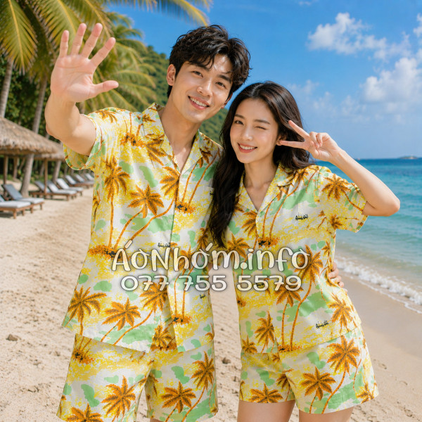 Bộ Áo Quần Nhóm Đi Biển Họa Tiết Cây Dừa Nâu Tropical