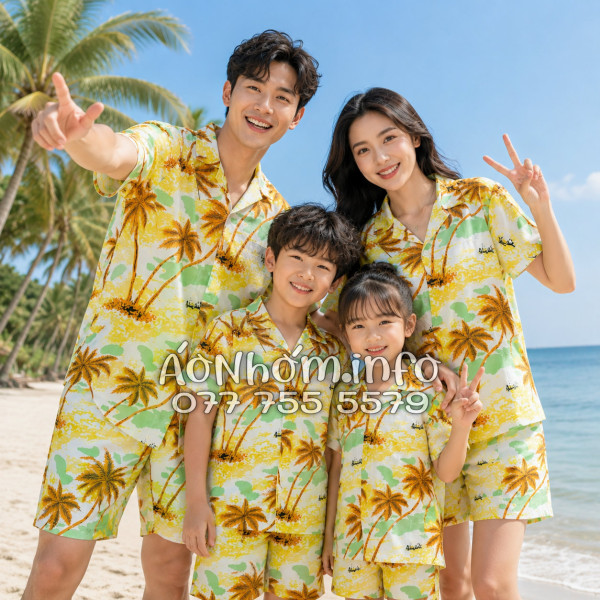 Bộ Áo Quần Nhóm Đi Biển Họa Tiết Cây Dừa Nâu Tropical