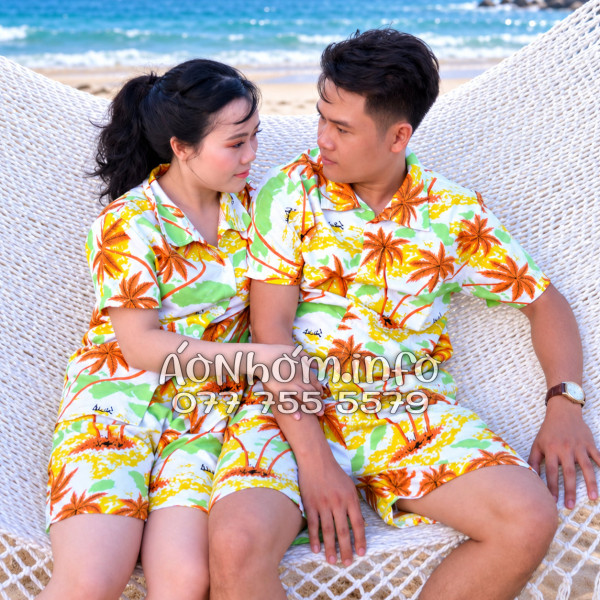 Bộ Áo Quần Nhóm Đi Biển Họa Tiết Cây Dừa Nâu Tropical