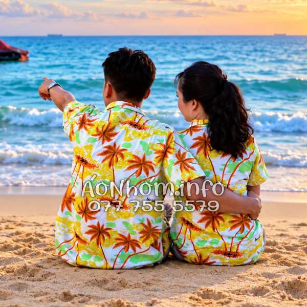 Bộ Áo Quần Nhóm Đi Biển Họa Tiết Cây Dừa Nâu Tropical