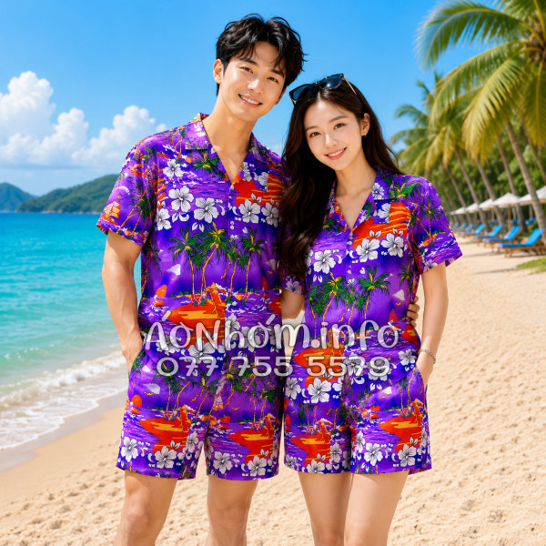 Bộ Áo Quần Nhóm Đi Biển Họa Tiết Cây Dừa Tím Tropical