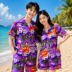 Bộ Áo Quần Nhóm Đi Biển Họa Tiết Cây Dừa Tím Tropical