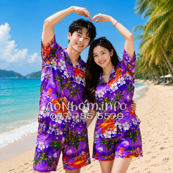 Bộ Áo Quần Nhóm Đi Biển Họa Tiết Cây Dừa Tím Tropical