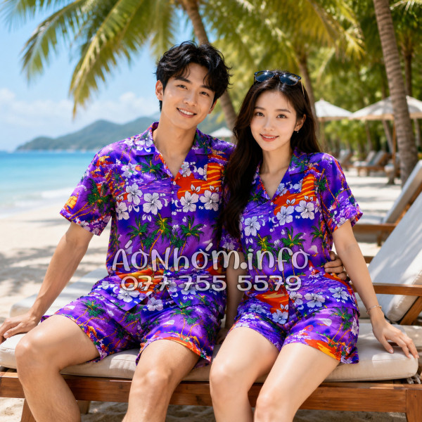 Bộ Áo Quần Nhóm Đi Biển Họa Tiết Cây Dừa Tím Tropical