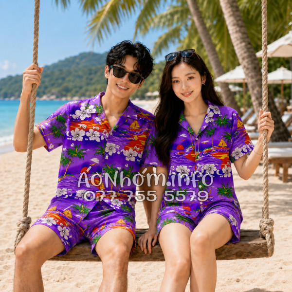 Bộ Áo Quần Nhóm Đi Biển Họa Tiết Cây Dừa Tím Tropical