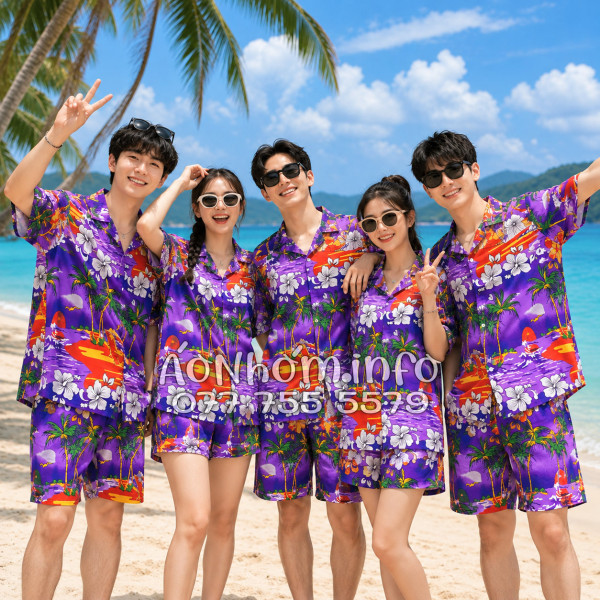 Bộ Áo Quần Nhóm Đi Biển Họa Tiết Cây Dừa Tím Tropical