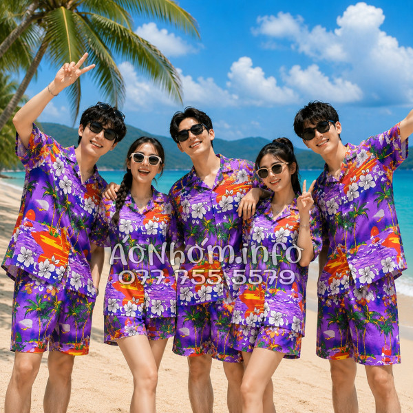 Bộ Áo Quần Nhóm Đi Biển Họa Tiết Cây Dừa Tím Tropical