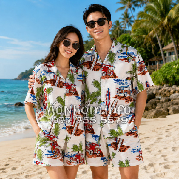 Bộ Áo Quần Nhóm Đi Biển Cây Dừa Ván Lướt Sóng Surfboard Xe Van Trắng Tropical