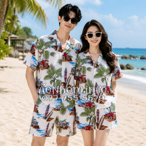 Bộ Áo Quần Nhóm Đi Biển Cây Dừa Ván Lướt Sóng Surfboard Xe Van Trắng Tropical