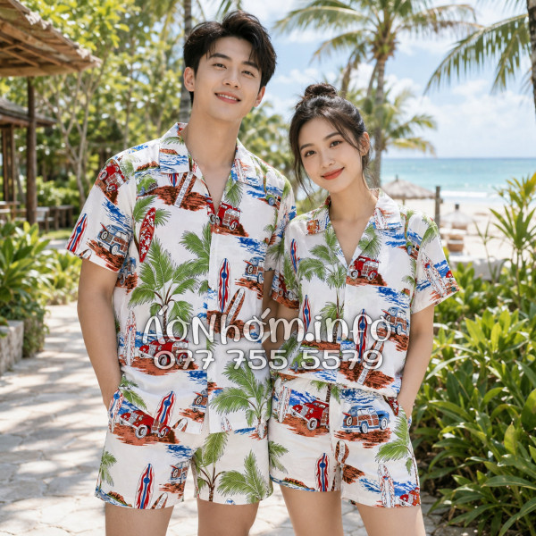 Bộ Áo Quần Nhóm Đi Biển Cây Dừa Ván Lướt Sóng Surfboard Xe Van Trắng Tropical