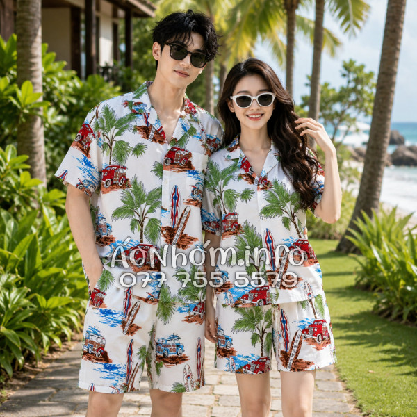 Bộ Áo Quần Nhóm Đi Biển Cây Dừa Ván Lướt Sóng Surfboard Xe Van Trắng Tropical