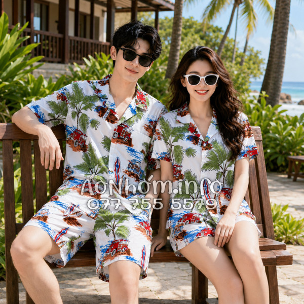 Bộ Áo Quần Nhóm Đi Biển Cây Dừa Ván Lướt Sóng Surfboard Xe Van Trắng Tropical