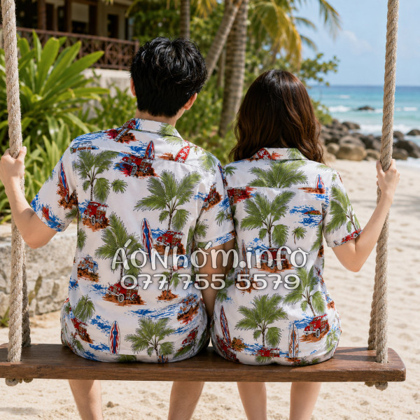 Bộ Áo Quần Nhóm Đi Biển Cây Dừa Ván Lướt Sóng Surfboard Xe Van Trắng Tropical