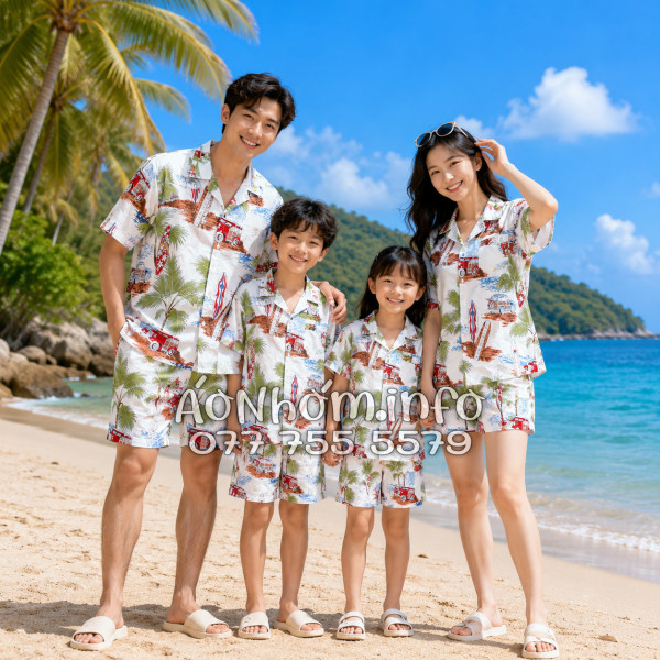 Bộ Áo Quần Nhóm Đi Biển Cây Dừa Ván Lướt Sóng Surfboard Xe Van Trắng Tropical