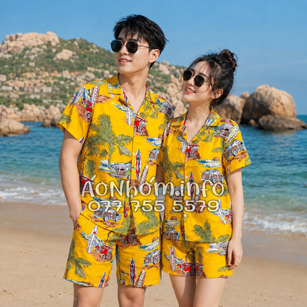 Bộ Áo Quần Nhóm Đi Biển Cây Dừa Ván Lướt Sóng Surfboard Xe Van Vàng Tropical