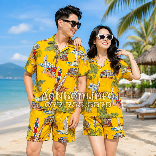 Bộ Áo Quần Nhóm Đi Biển Cây Dừa Ván Lướt Sóng Surfboard Xe Van Vàng Tropical