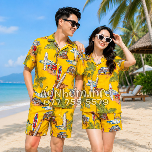 Bộ Áo Quần Nhóm Đi Biển Cây Dừa Ván Lướt Sóng Surfboard Xe Van Vàng Tropical