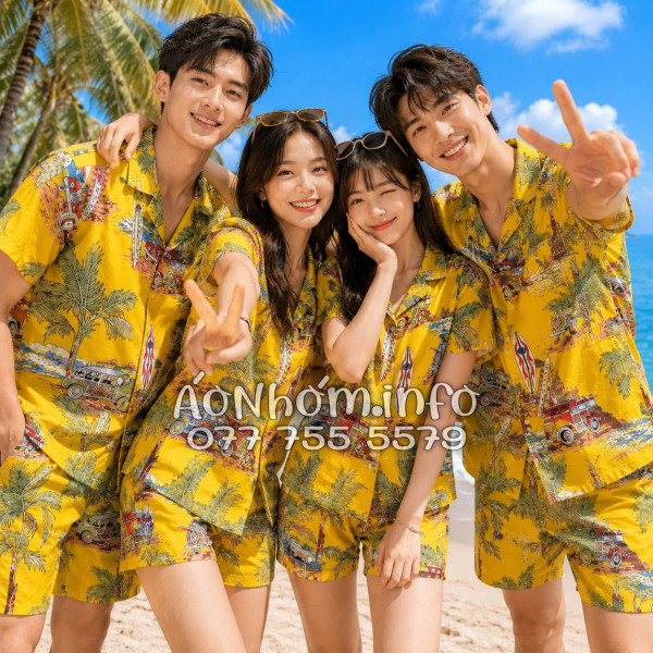 Bộ Áo Quần Nhóm Đi Biển Cây Dừa Ván Lướt Sóng Surfboard Xe Van Vàng Tropical