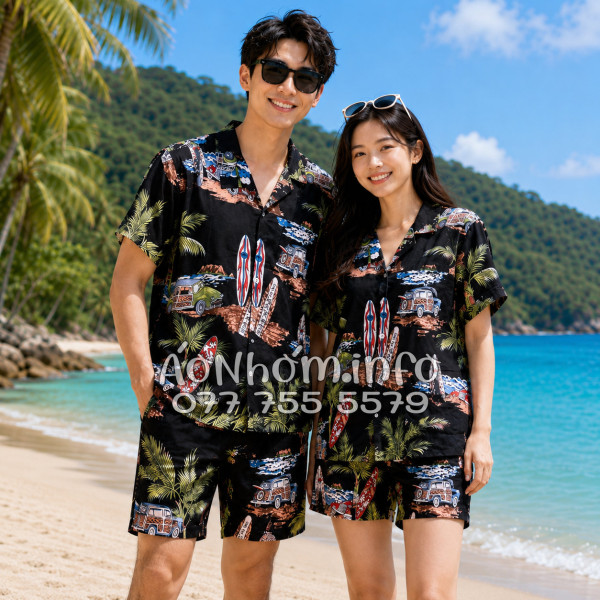 Bộ Áo Quần Nhóm Đi Biển Cây Dừa Ván Lướt Sóng Surfboard Xe Van Đen Tropical