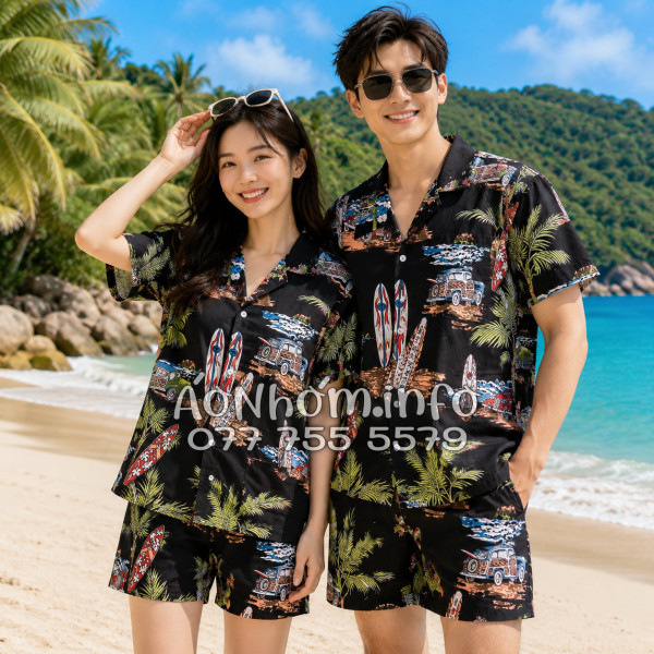 Bộ Áo Quần Nhóm Đi Biển Cây Dừa Ván Lướt Sóng Surfboard Xe Van Đen Tropical