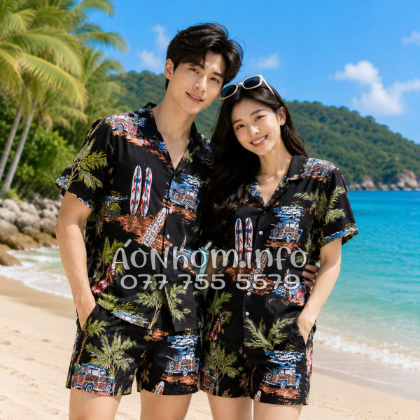 Bộ Áo Quần Nhóm Đi Biển Cây Dừa Ván Lướt Sóng Surfboard Xe Van Đen Tropical