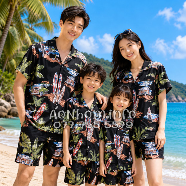 Bộ Áo Quần Nhóm Đi Biển Cây Dừa Ván Lướt Sóng Surfboard Xe Van Đen Tropical