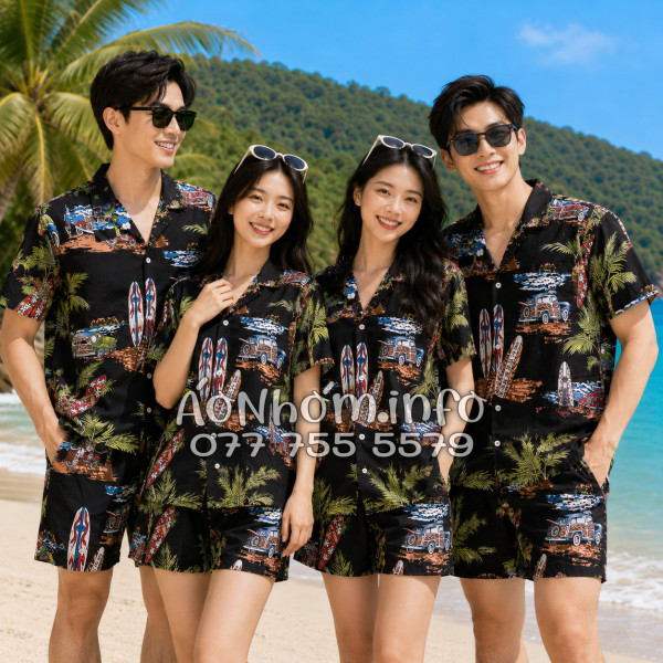 Bộ Áo Quần Nhóm Đi Biển Cây Dừa Ván Lướt Sóng Surfboard Xe Van Đen Tropical