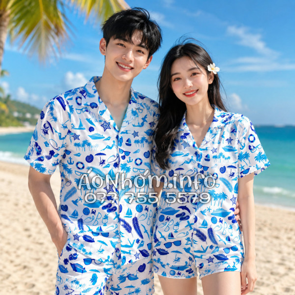 Bộ Áo Quần Nhóm Đi Biển Cây Dừa Thuyền Buồm Mỏ Neo Sao Biển Xanh Tropical
