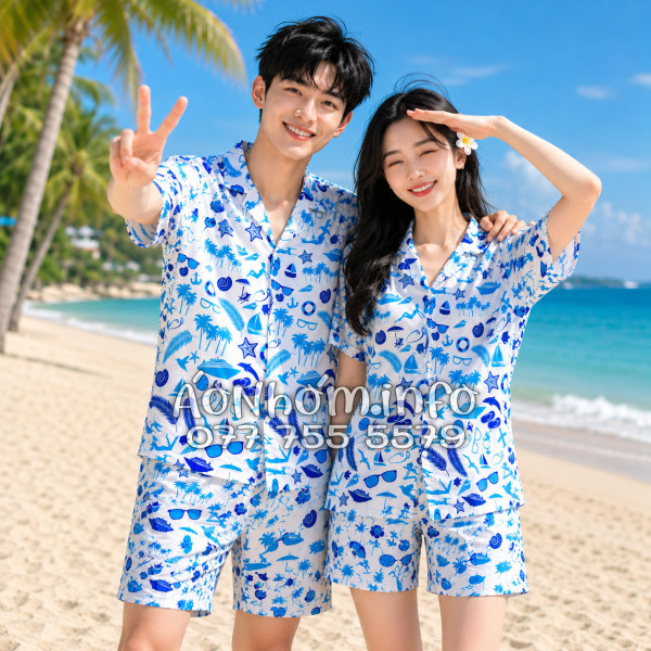 Bộ Áo Quần Nhóm Đi Biển Cây Dừa Thuyền Buồm Mỏ Neo Sao Biển Xanh Tropical