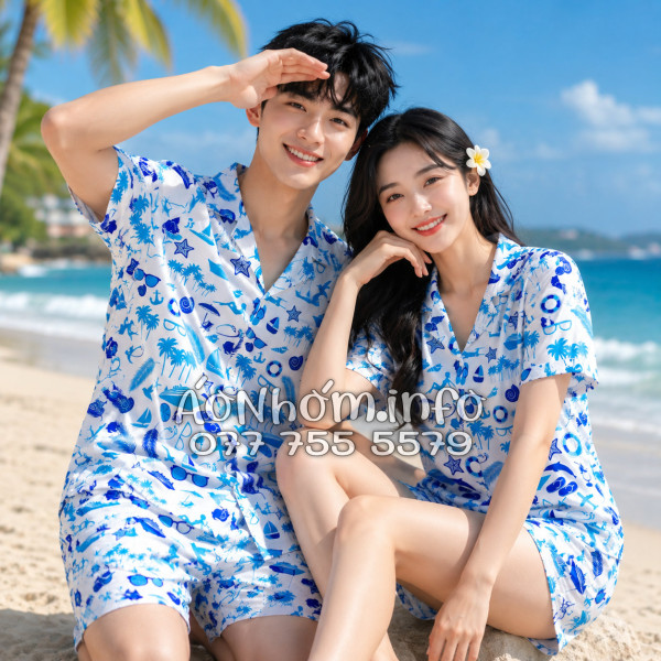 Bộ Áo Quần Nhóm Đi Biển Cây Dừa Thuyền Buồm Mỏ Neo Sao Biển Xanh Tropical