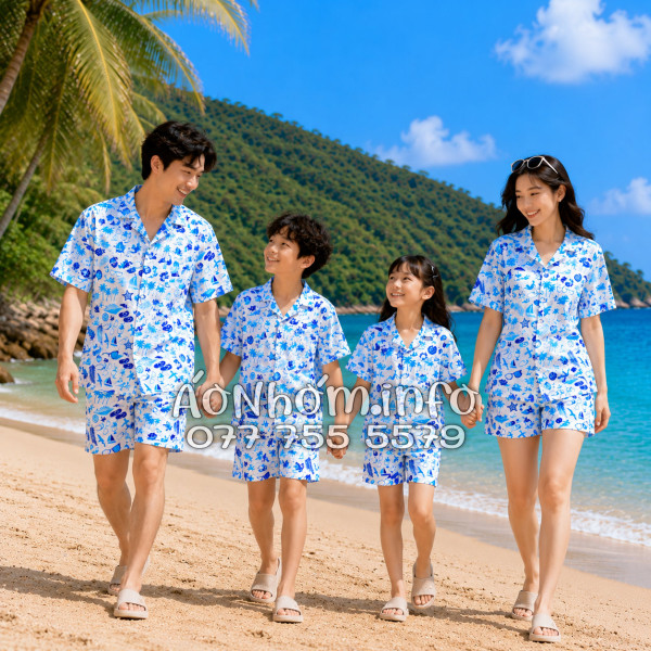 Bộ Áo Quần Nhóm Đi Biển Cây Dừa Thuyền Buồm Mỏ Neo Sao Biển Xanh Tropical