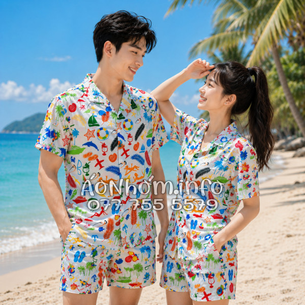 Bộ Áo Quần Nhóm Đi Biển Cây Dừa Thuyền Buồm Mỏ Neo Sao Biển Đỏ Tropical