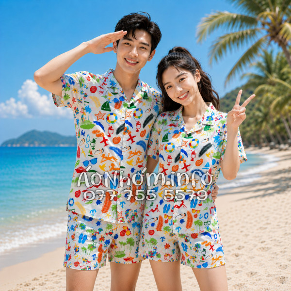 Bộ Áo Quần Nhóm Đi Biển Cây Dừa Thuyền Buồm Mỏ Neo Sao Biển Đỏ Tropical