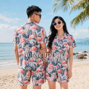 Bộ Áo Quần Nhóm Đi Biển Họa Tiết Chim Hồng Hạc Tropical