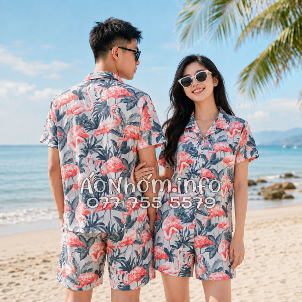 Bộ Áo Quần Nhóm Đi Biển Họa Tiết Chim Hồng Hạc Tropical