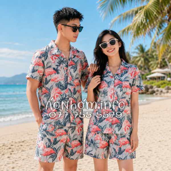 Bộ Áo Quần Nhóm Đi Biển Họa Tiết Chim Hồng Hạc Tropical