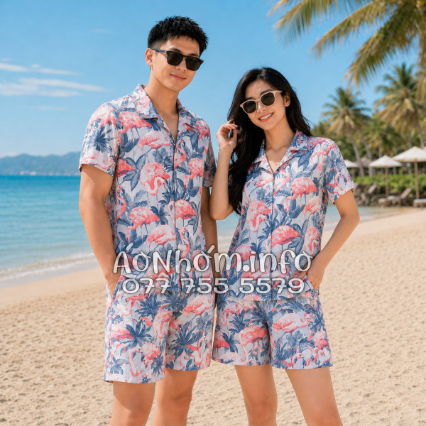 Bộ Áo Quần Nhóm Đi Biển Họa Tiết Chim Hồng Hạc Tropical