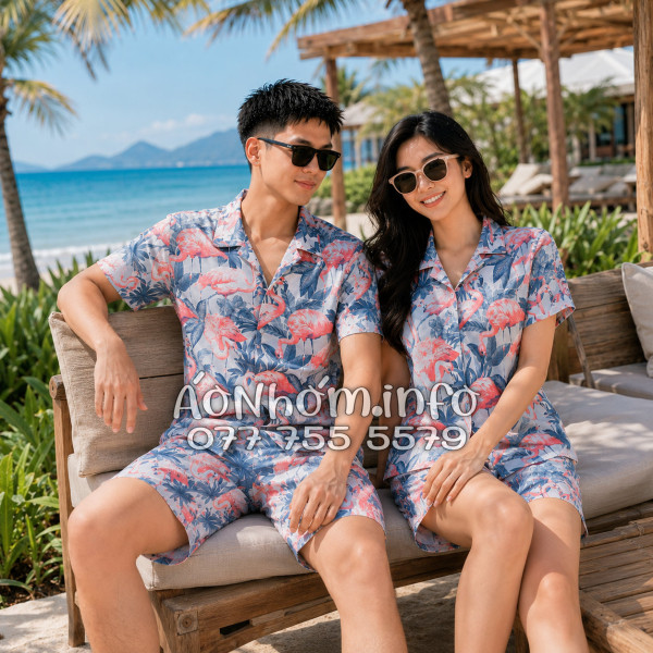 Bộ Áo Quần Nhóm Đi Biển Họa Tiết Chim Hồng Hạc Tropical