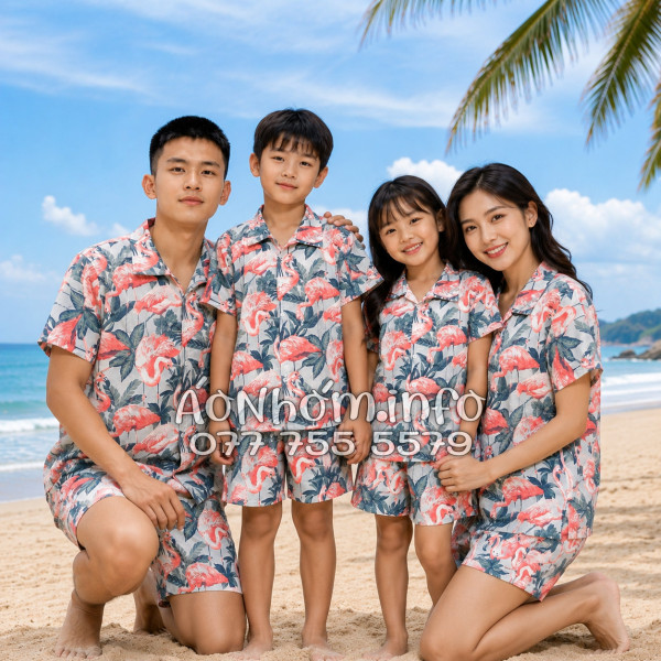 Bộ Áo Quần Nhóm Đi Biển Họa Tiết Chim Hồng Hạc Tropical