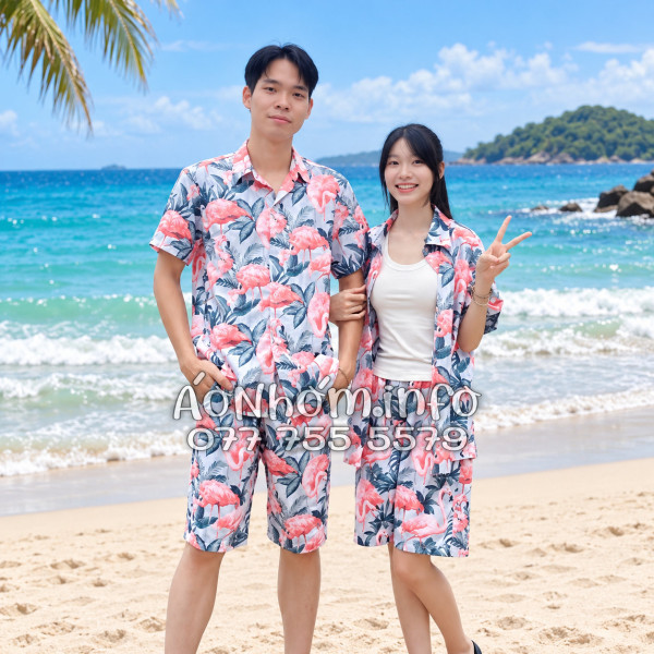 Bộ Áo Quần Nhóm Đi Biển Họa Tiết Chim Hồng Hạc Tropical