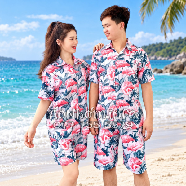 Bộ Áo Quần Nhóm Đi Biển Họa Tiết Chim Hồng Hạc Tropical
