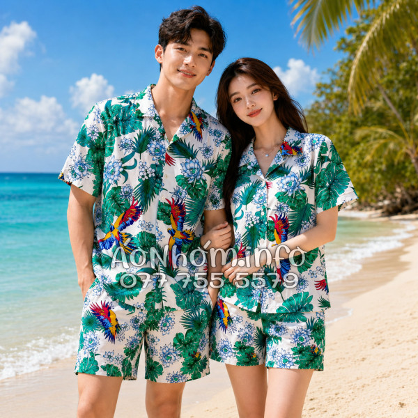 Bộ Áo Quần Nhóm Đi Biển Chim Vẹt Lá Xanh Tropical