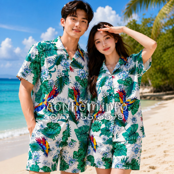 Bộ Áo Quần Nhóm Đi Biển Chim Vẹt Lá Xanh Tropical