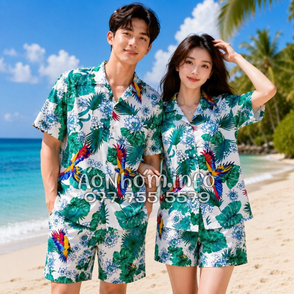 Bộ Áo Quần Nhóm Đi Biển Chim Vẹt Lá Xanh Tropical