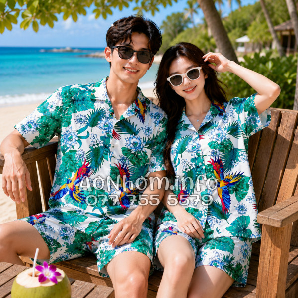 Bộ Áo Quần Nhóm Đi Biển Chim Vẹt Lá Xanh Tropical