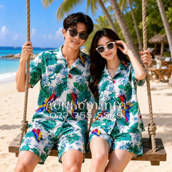 Bộ Áo Quần Nhóm Đi Biển Chim Vẹt Lá Xanh Tropical