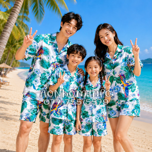 Bộ Áo Quần Nhóm Đi Biển Chim Vẹt Lá Xanh Tropical