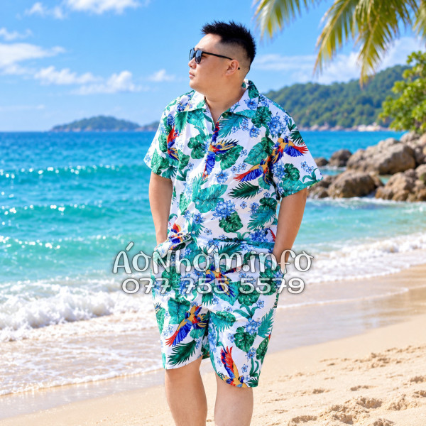 Bộ Áo Quần Nhóm Đi Biển Chim Vẹt Lá Xanh Tropical